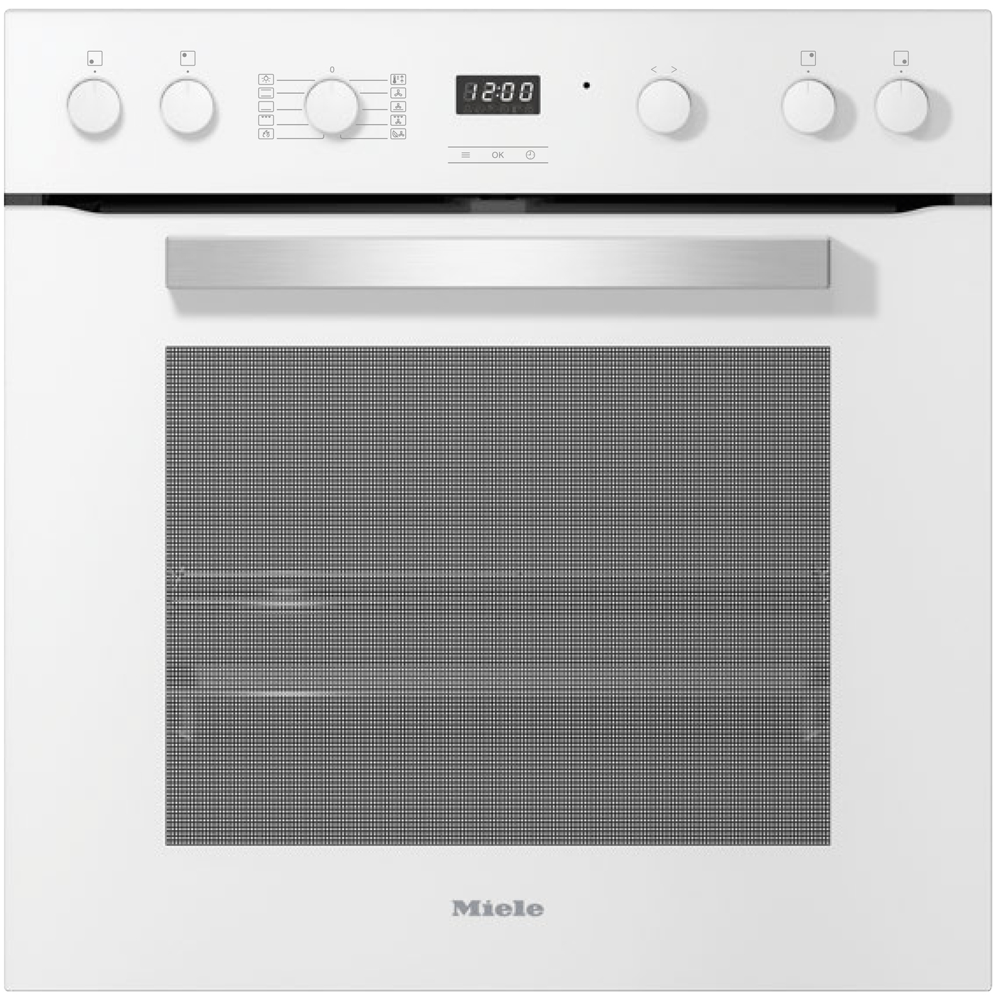 Front view of a Miele built-in oven with six control knobs, a digital clock, and a large glass door. I.D. brand: Miele.