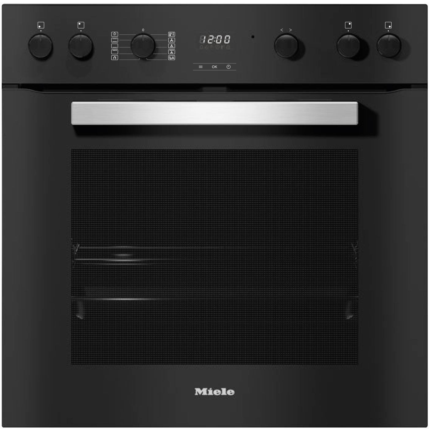 Front view of a black Miele oven with a brushed metal handle and control knobs along the top, digital display in the center, and a perforated oven door.