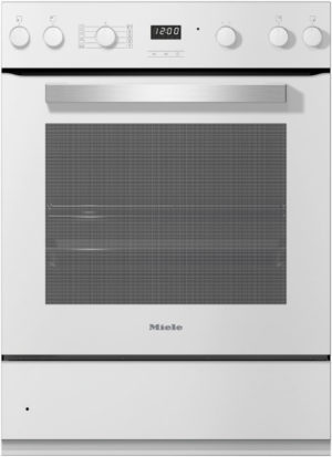 White built-in oven with stainless handle and control panel at top, brand 'Miele' visible below the glass door.