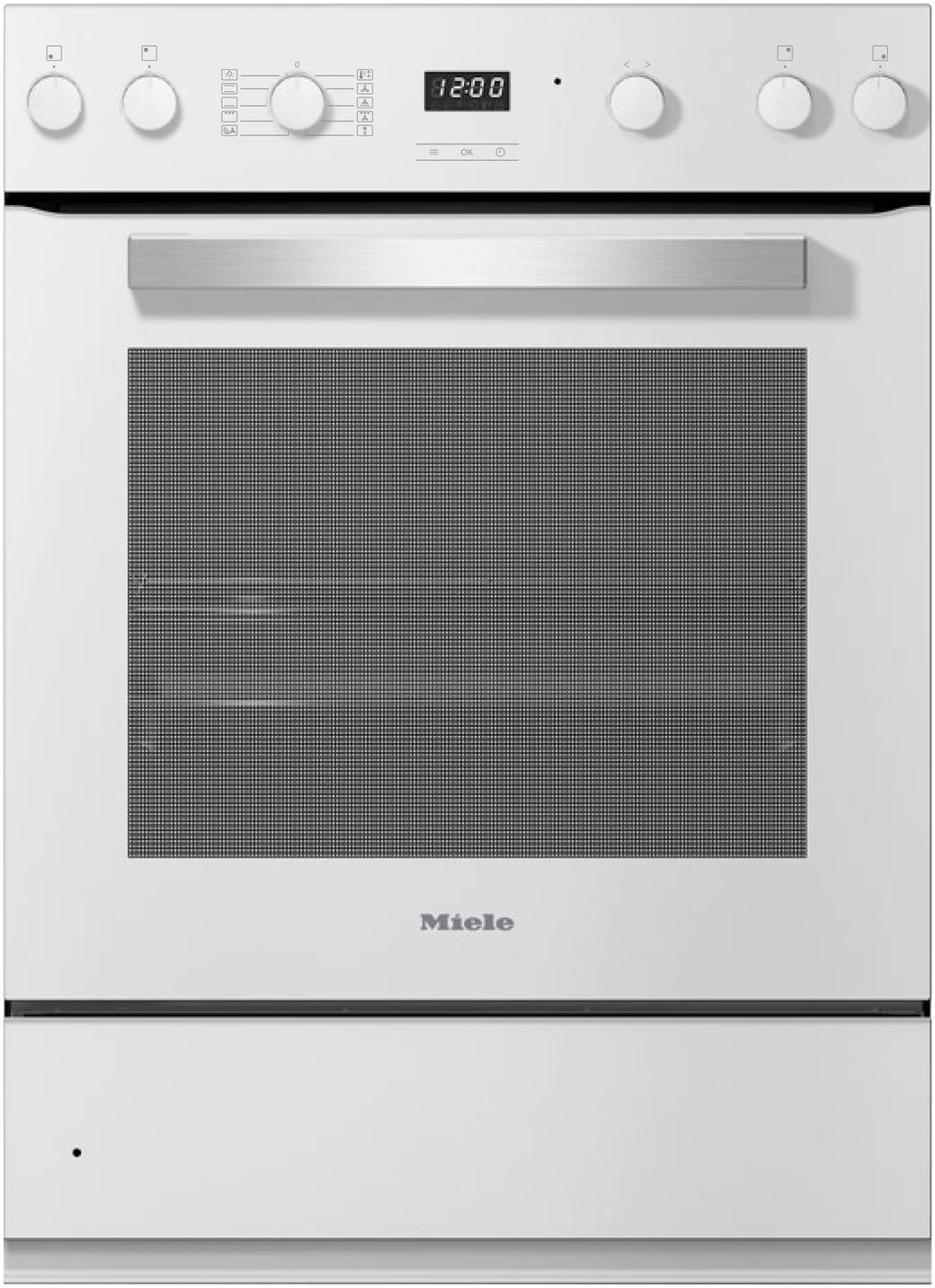 White built-in oven with stainless handle and control panel at top, brand 'Miele' visible below the glass door.