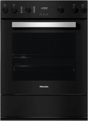 Black Miele freestanding oven with stainless handle and control panel displaying 12:00 at top center
