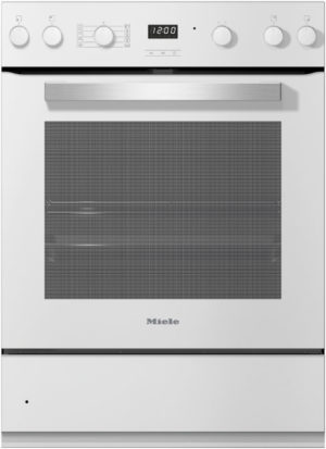 White Miele built‑in oven with a wide metal handle, glass door, grid pattern interior, and control knobs on the top panel; digital clock reads 12:00.