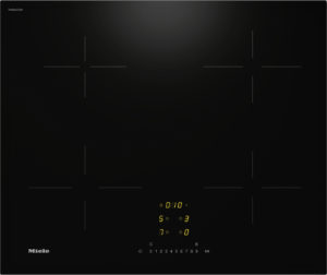 Black induction cooktop with a central yellow digital timer display and touch controls; Miele logo at lower left.