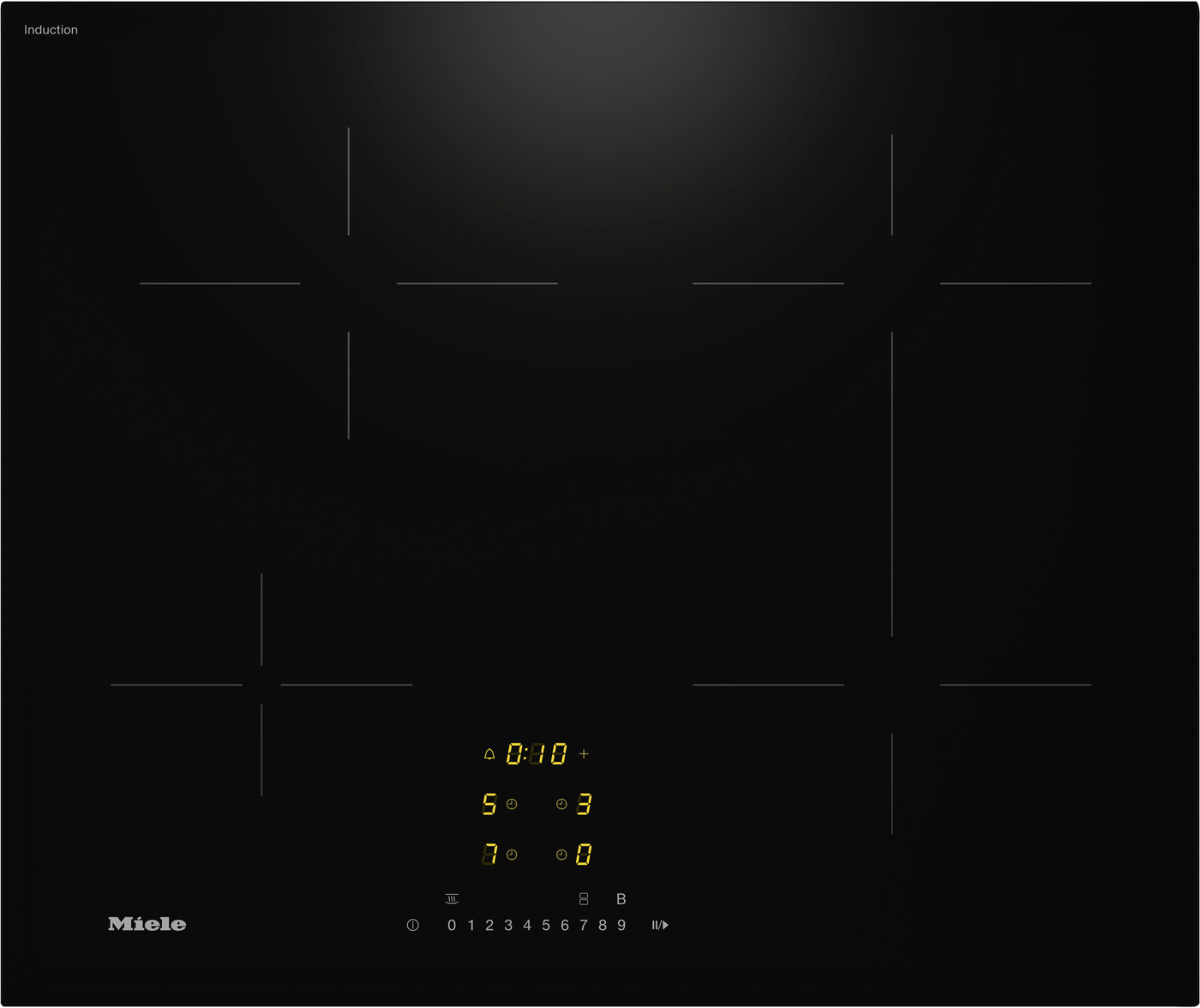 Miele induction cooktop with a black glass surface and subtle zone markings, plus a yellow digital timer display near the bottom center.