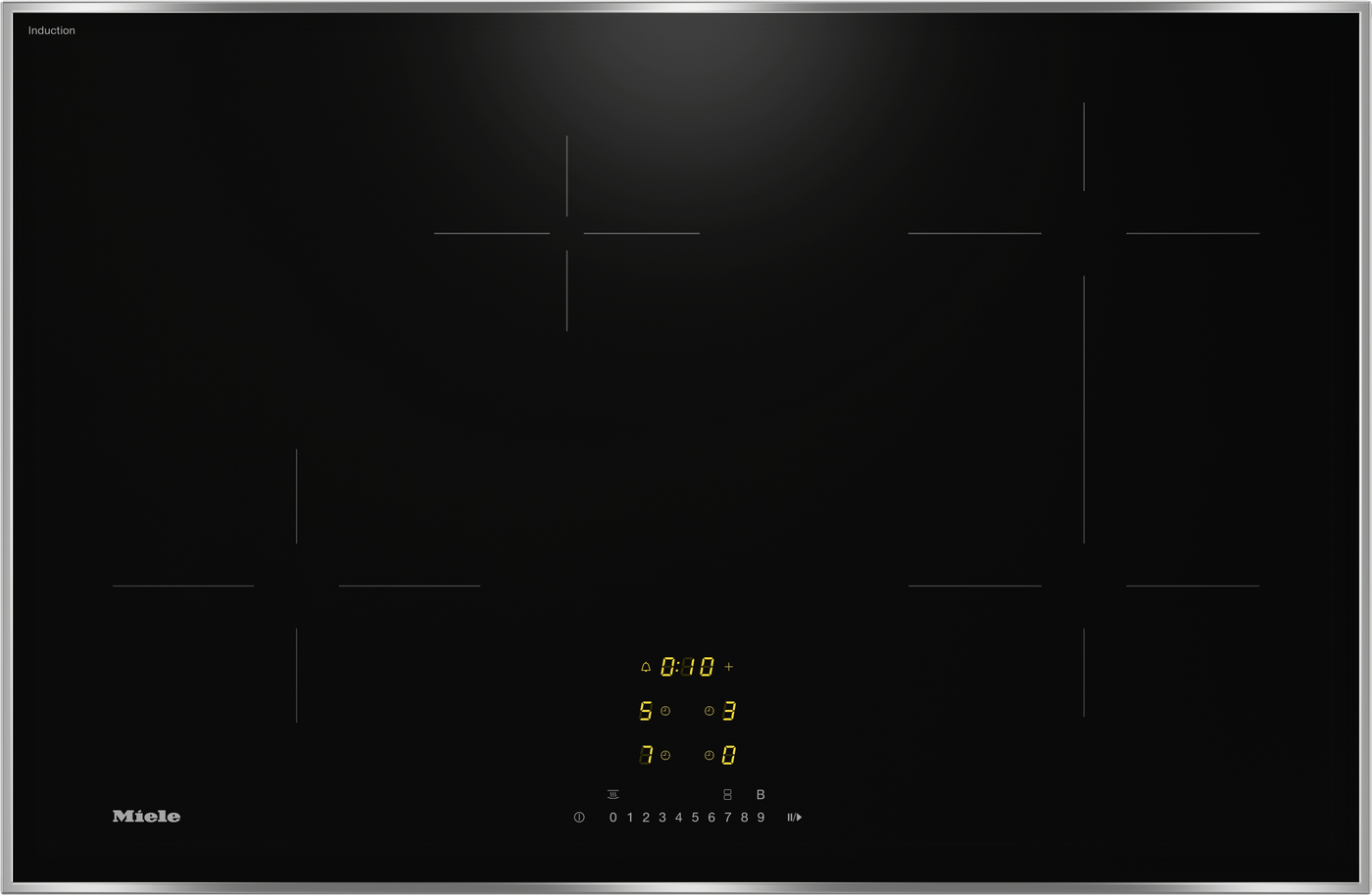 Black induction cooktop with a silver frame; centered digital control panel glowing yellow on a dark glass surface.