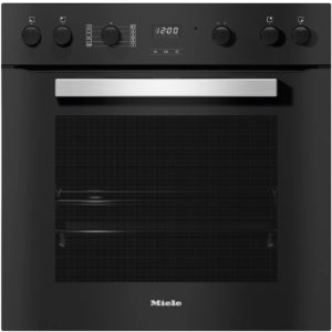 Built-in black oven with a wide stainless handle and control panel on top, Miele branding at the bottom.