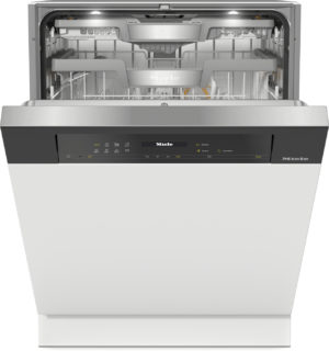 Open-front Miele dishwasher with interior racks visible and control panel on the front panel, showcasing stainless steel interior and loading area.