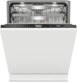 Front view of an open dishwasher with racks visible and a black control panel, brand Miele, dishwasher interior shown