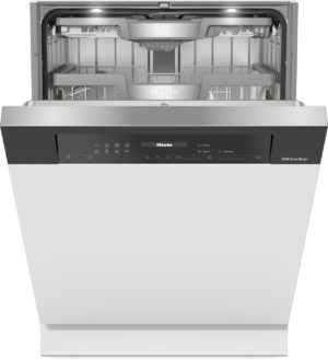 Open-front Miele dishwasher with interior racks visible and control panel along the top edge of the door, ready to load dishes.