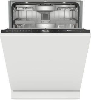 Open front-loading dishwasher with control panel showing Miele branding and cycle buttons