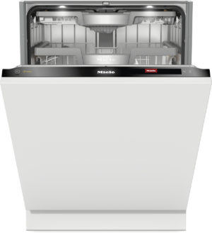 Open front-loading Miele dishwasher showing interior racks and upper spray arm.