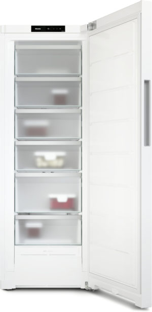 Tall white upright freezer with multiple frosted pull-out drawers, door open to reveal stored items (pantry organization).