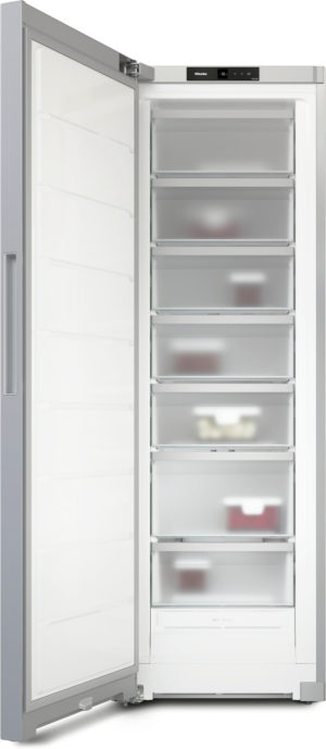 Tall upright freezer with a left-hinged door open, showing seven transparent drawers and a top control panel.