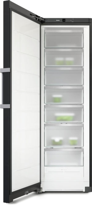 Tall upright freezer with door open, revealing multiple transparent pull-out drawers and bright interior lighting, with a few green containers inside.