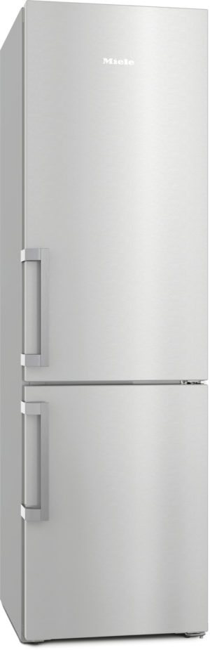 Tall freestanding stainless steel Miele refrigerator with a top fridge and bottom freezer, featuring two vertical handles on the left side.