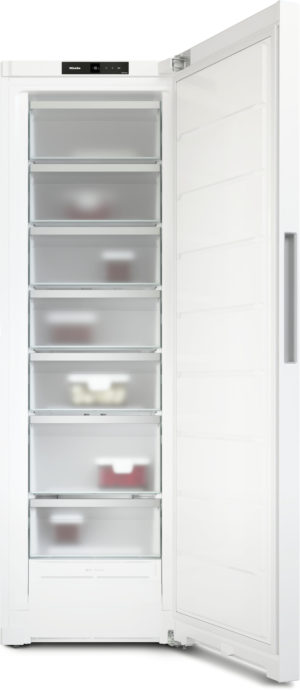 Tall white refrigerator with seven transparent drawers and a digital control panel; door open to the right.