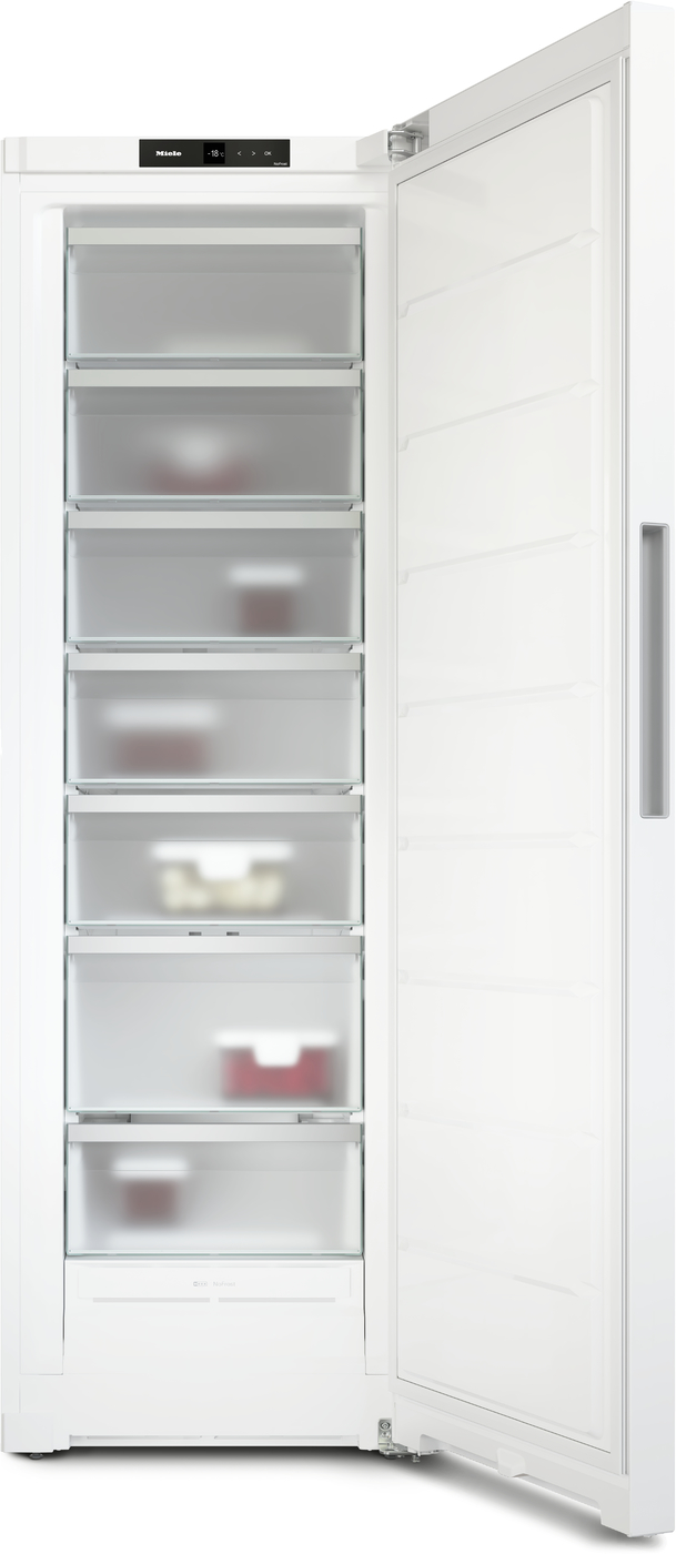 Tall white refrigerator with seven transparent drawers and a digital control panel; door open to the right.