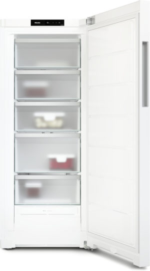 White tall refrigerator/freezer with multiple frosted drawers and a right-side door open; digital control panel at the top showing Miele branding, interior shelves visible.