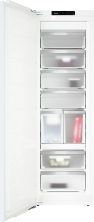 Tall white upright freezer with the door open, revealing multiple transparent pull-out drawers and a digital Miele control panel showing -18°C.