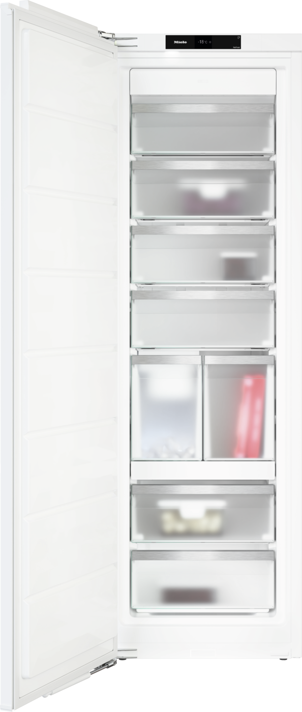 Tall white upright freezer with the door open, revealing multiple transparent pull-out drawers and a digital Miele control panel showing -18°C.
