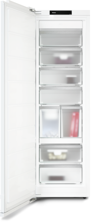 Full-height white refrigerator with multiple pull-out drawers, door open to reveal organized transparent bins and shelves; Miele brand label visible at top.