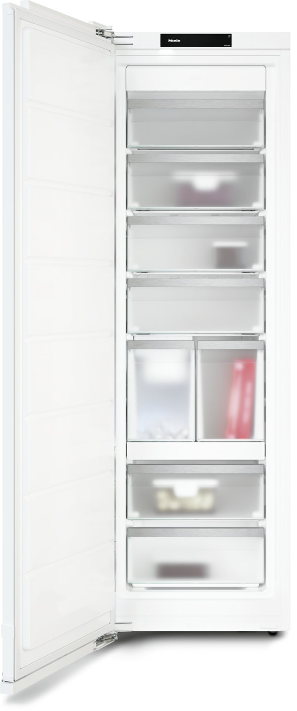 Full-height white refrigerator with multiple pull-out drawers, door open to reveal organized transparent bins and shelves; Miele brand label visible at top.