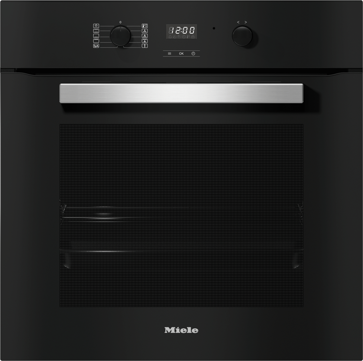 Black built-in Miele oven front with brushed metal handle and control panel featuring dials and a digital display