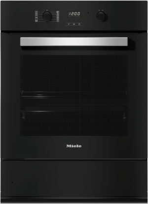 Front view of a black Miele oven with a stainless handle, digital clock, and top control panel with knobs and icons. Includes a bottom storage drawer.