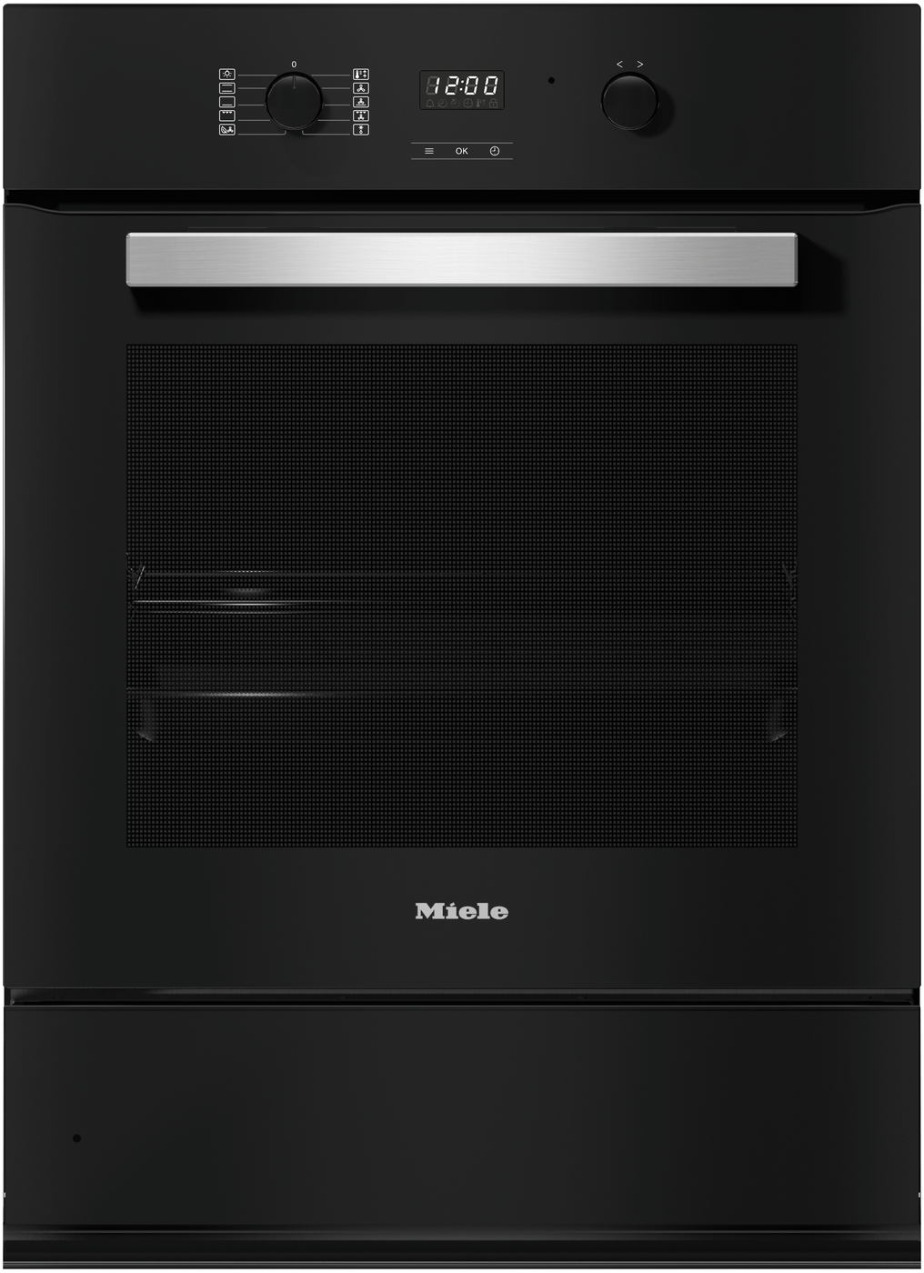 Front view of a black Miele oven with a stainless handle, digital clock, and top control panel with knobs and icons. Includes a bottom storage drawer.