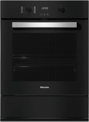 Black Miele oven front with a silver handle, glass viewing door, and digital control panel at the top center.