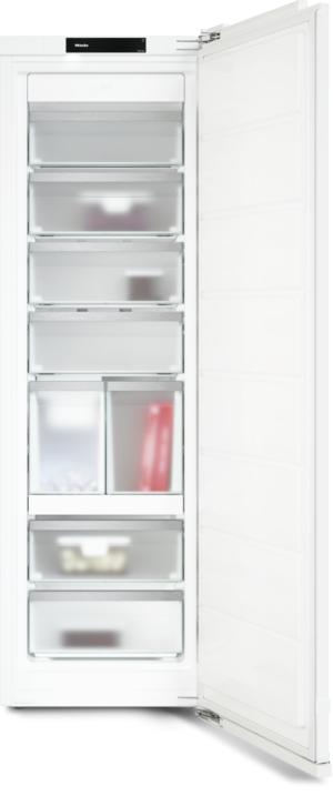 Tall white upright freezer with seven pull-out drawers, partially transparent, contents blurred, Miele label at top.