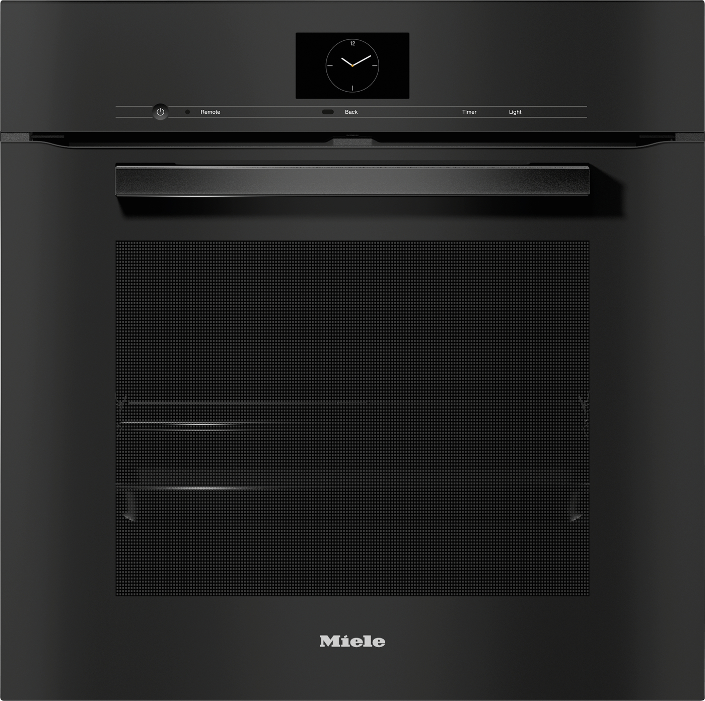Front view of a black Miele built-in dishwasher with a slim control panel and circular clock display at the top.