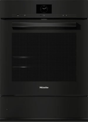 Black Miele oven front with a central clock display and long horizontal handle above the door