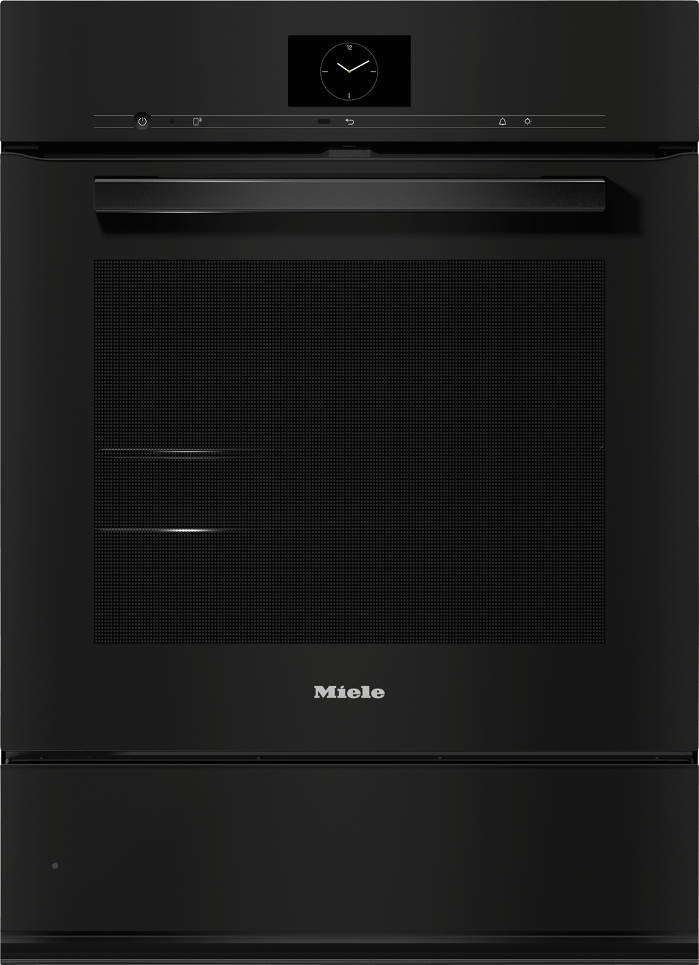 Black Miele oven front with a central clock display and long horizontal handle above the door