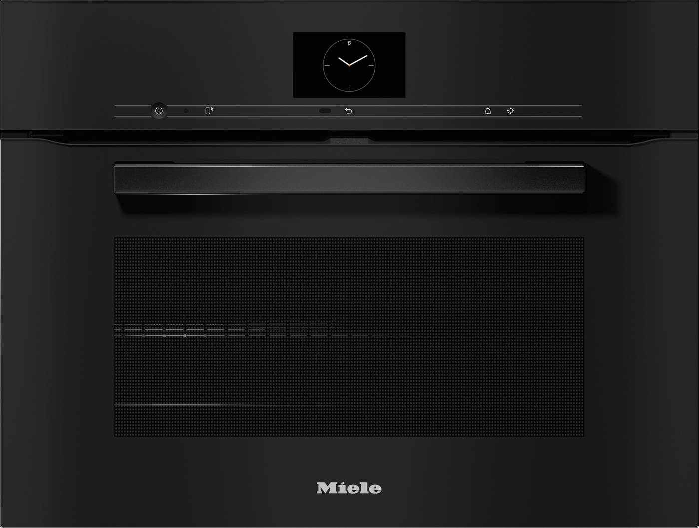 Front view of a black Miele built-in oven with a circular clock display on the control panel