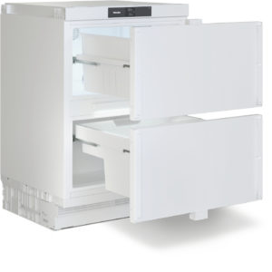 Tall white refrigerator with two bottom freezer drawers open, showing shelves and a crisper container inside.
