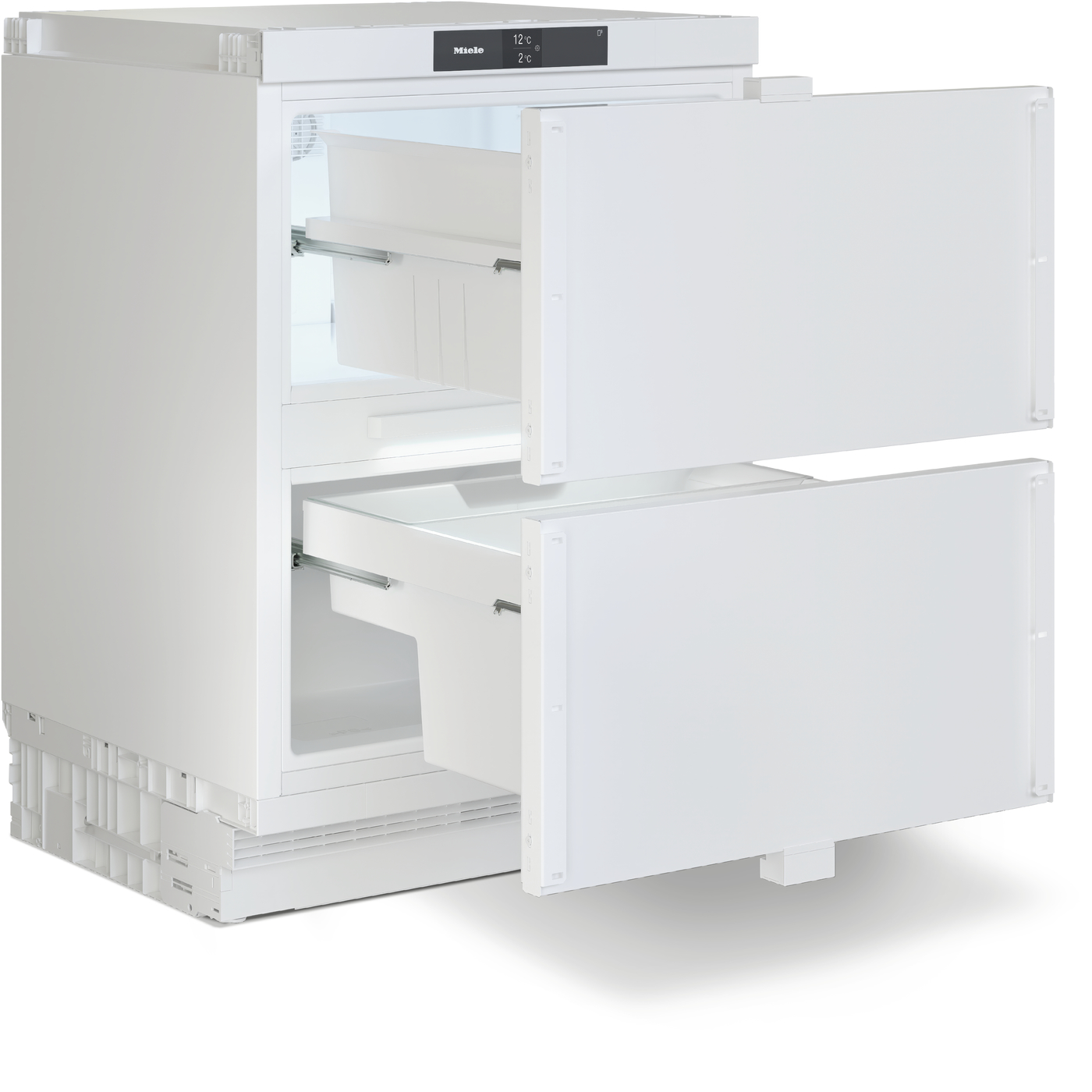 Tall white refrigerator with two bottom freezer drawers open, showing shelves and a crisper container inside.
