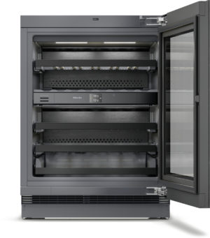 Interior of a glass-door wine cooler with multiple pull-out shelves and a front temperature display.