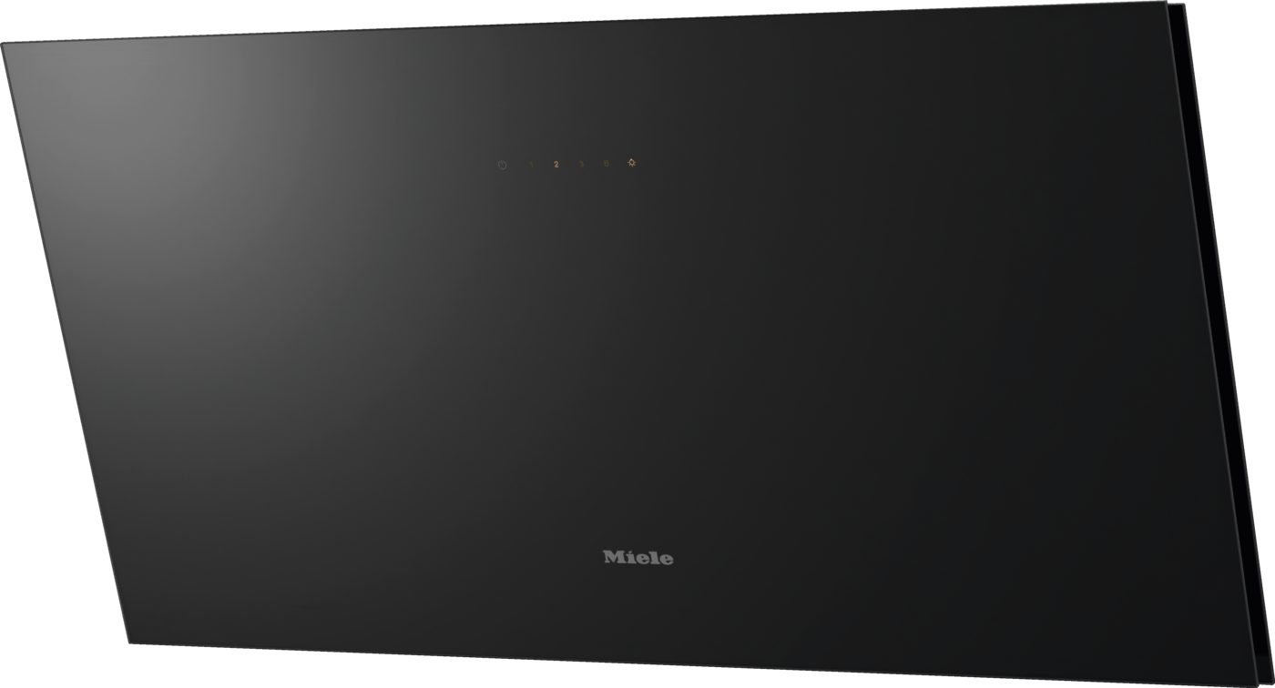 Black Miele kitchen hood with a minimalist front panel and subtle central touch controls