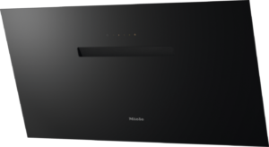Black Miele kitchen range hood with a slim control strip and subtle logo on a sleek matte surface