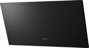 Black Miele wall-mounted kitchen range hood with subtle touch controls along the top center.