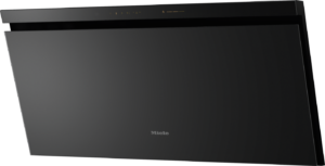 Miele black glass wall-mounted range hood with a slim control panel along the top edge