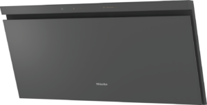 Dark gray Miele range hood with a slim control panel along the top edge.