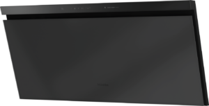 Black wall-mounted Miele range hood with a slim top control panel, designed for a modern kitchen.