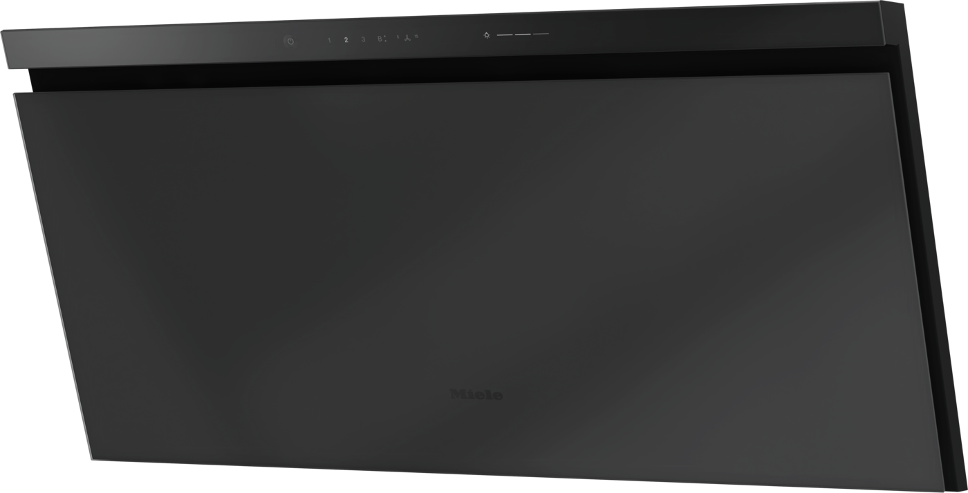 Black wall-mounted Miele range hood with a slim top control panel, designed for a modern kitchen.