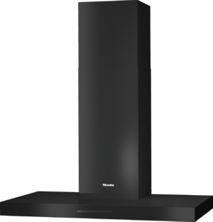 Tall black Miele chimney range hood mounted above a black island cooktop/hood canopy.