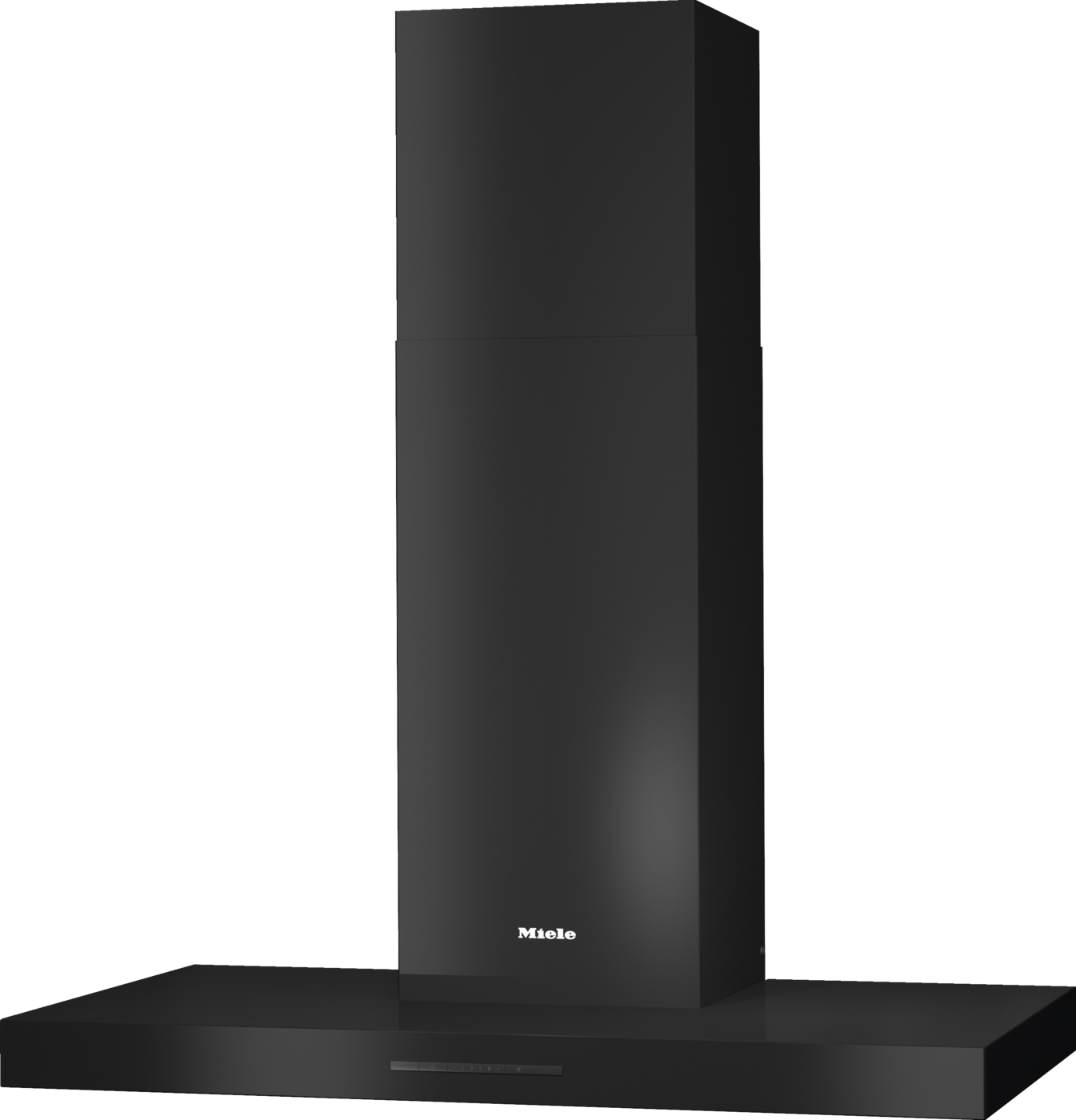 Tall black Miele chimney range hood mounted above a black island cooktop/hood canopy.