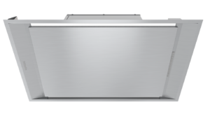 Stainless steel kitchen range hood seen from below, with a brushed finish and a slim control panel on the right side