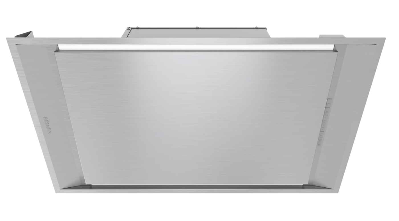 Stainless steel kitchen range hood seen from below, with a brushed finish and a slim control panel on the right side