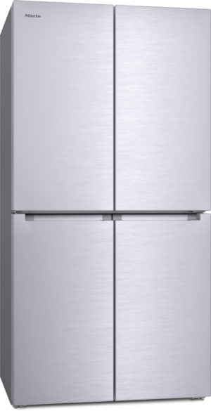 Stainless steel Miele refrigerator with four doors: two top doors and two bottom compartments (bottom freezer).